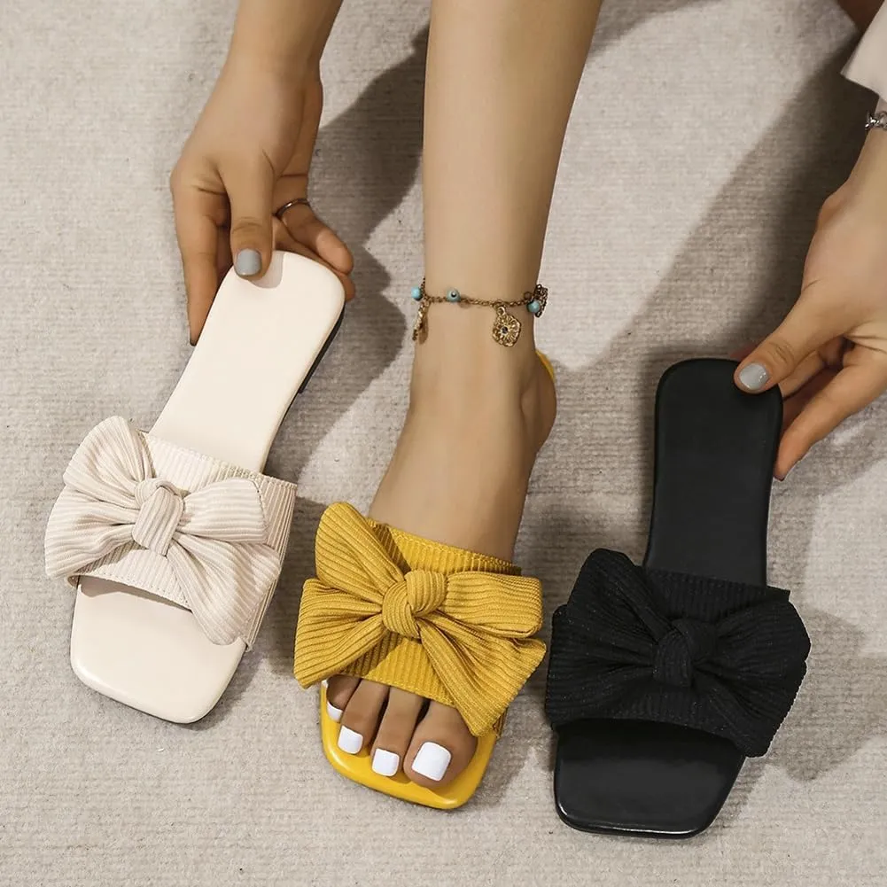 Epsion Women's Open Toe Flat Sandals Bow Knot Slip On Slides Summer Beach Lightweight Dressy Outdoor Slippers