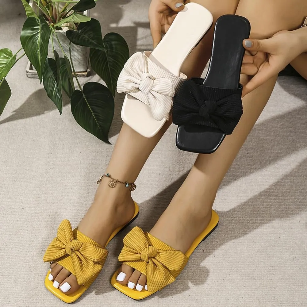 Epsion Women's Open Toe Flat Sandals Bow Knot Slip On Slides Summer Beach Lightweight Dressy Outdoor Slippers