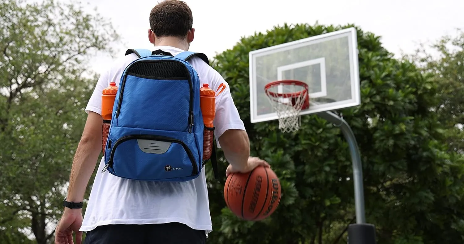 ERANT Athletic Backpack - Large Sports Soccer & Basketball Bag - Separate Ball & Cleat Compartment - Durable Design - Boys & Girls - For Soccer, Basketball, Volleyball and Gym Equipment - Blue/Black
