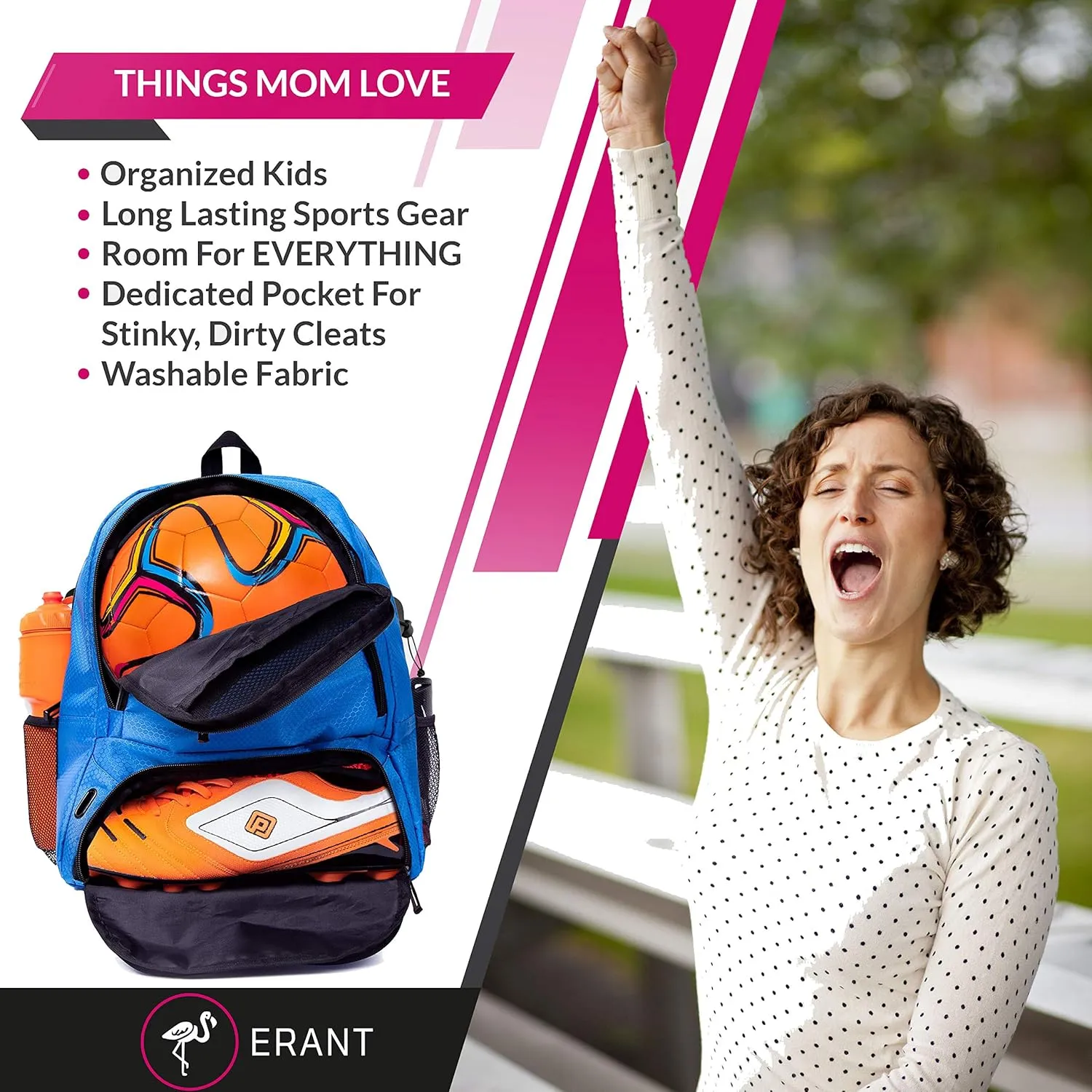 ERANT Athletic Backpack - Large Sports Soccer & Basketball Bag - Separate Ball & Cleat Compartment - Durable Design - Boys & Girls - For Soccer, Basketball, Volleyball and Gym Equipment - Blue/Black