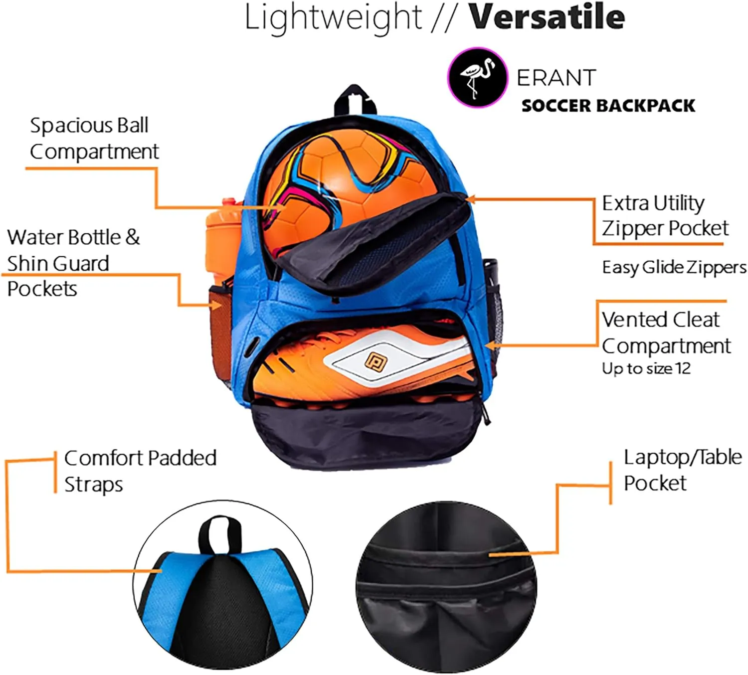 ERANT Athletic Backpack - Large Sports Soccer & Basketball Bag - Separate Ball & Cleat Compartment - Durable Design - Boys & Girls - For Soccer, Basketball, Volleyball and Gym Equipment - Blue/Black