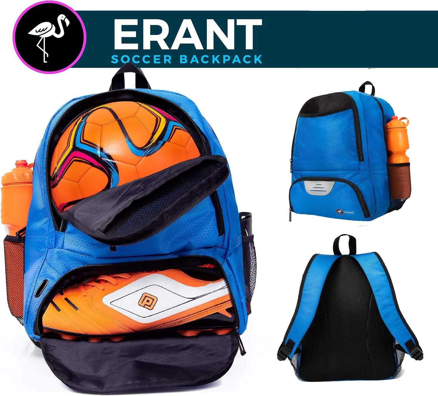 ERANT Athletic Backpack - Large Sports Soccer & Basketball Bag - Separate Ball & Cleat Compartment - Durable Design - Boys & Girls - For Soccer, Basketball, Volleyball and Gym Equipment - Blue/Black
