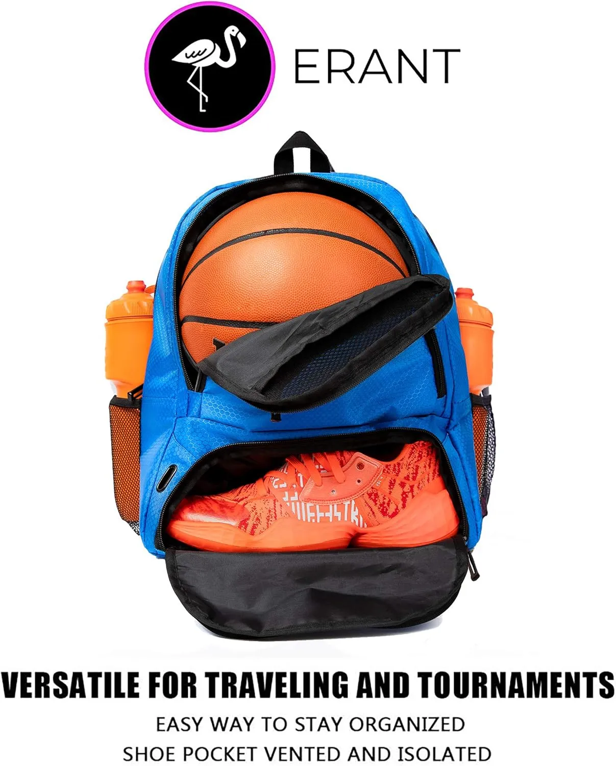 ERANT Athletic Backpack - Large Sports Soccer & Basketball Bag - Separate Ball & Cleat Compartment - Durable Design - Boys & Girls - For Soccer, Basketball, Volleyball and Gym Equipment - Blue/Black