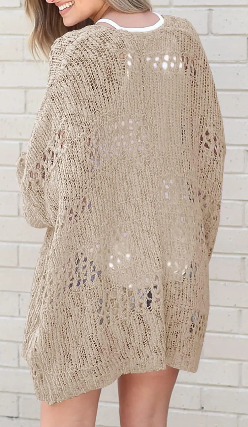 Ermonn Womens Crochet Cardigan Sweater Kimonos Boho Solid Color Oversized Fall Open Front Outwear