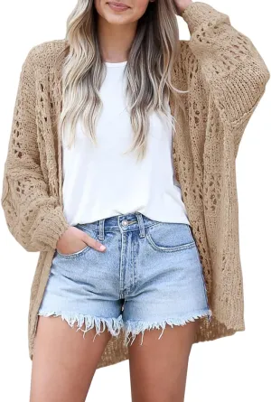 Ermonn Womens Crochet Cardigan Sweater Kimonos Boho Solid Color Oversized Fall Open Front Outwear