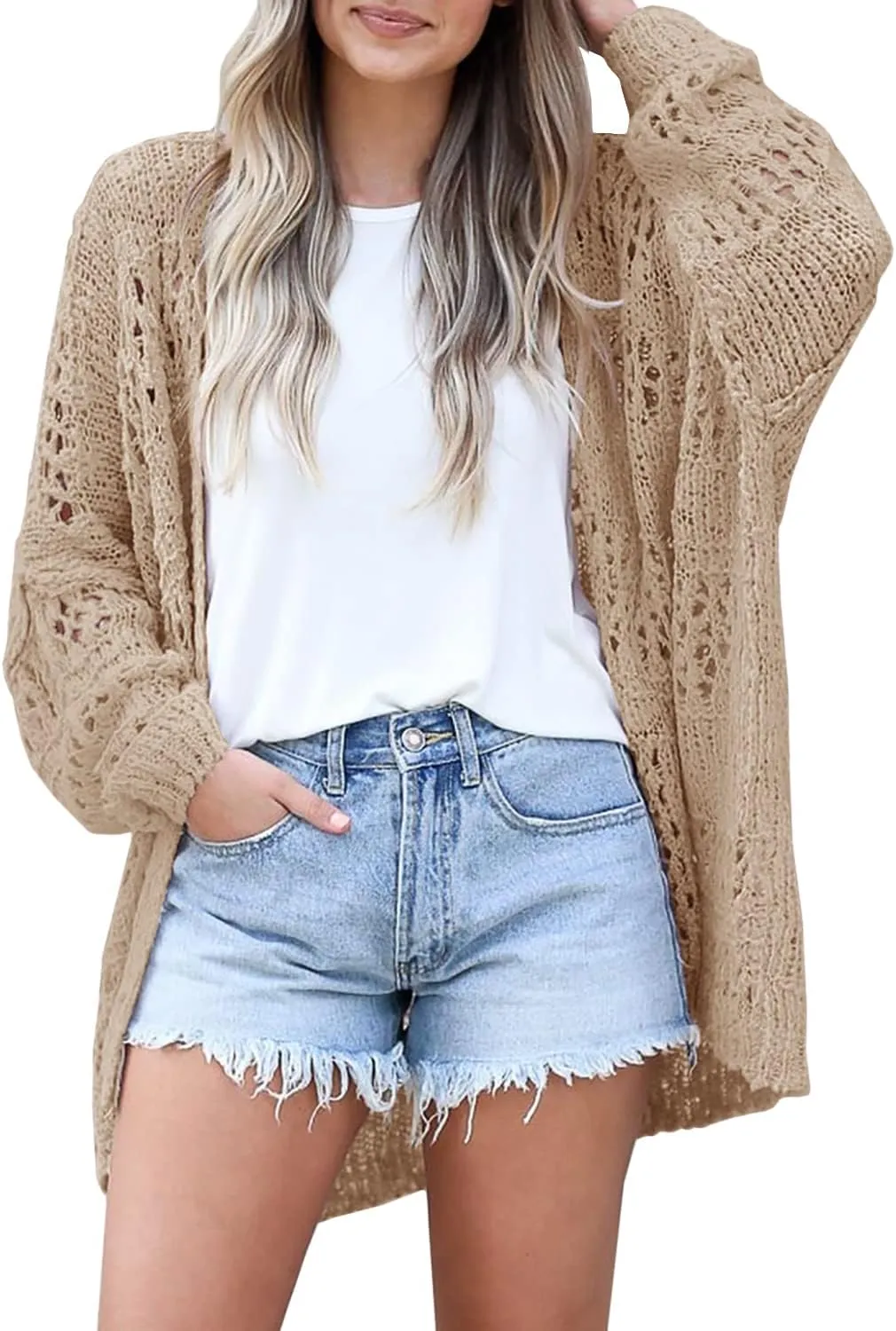Ermonn Womens Crochet Cardigan Sweater Kimonos Boho Solid Color Oversized Fall Open Front Outwear