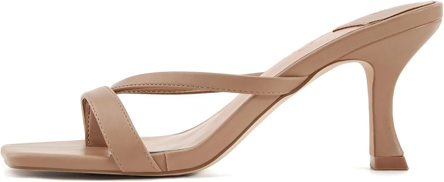 Ermonn Womens Square Open Toe Heels Sandals Slides Thong Stiletto Backless Slip on Slippers Shoes