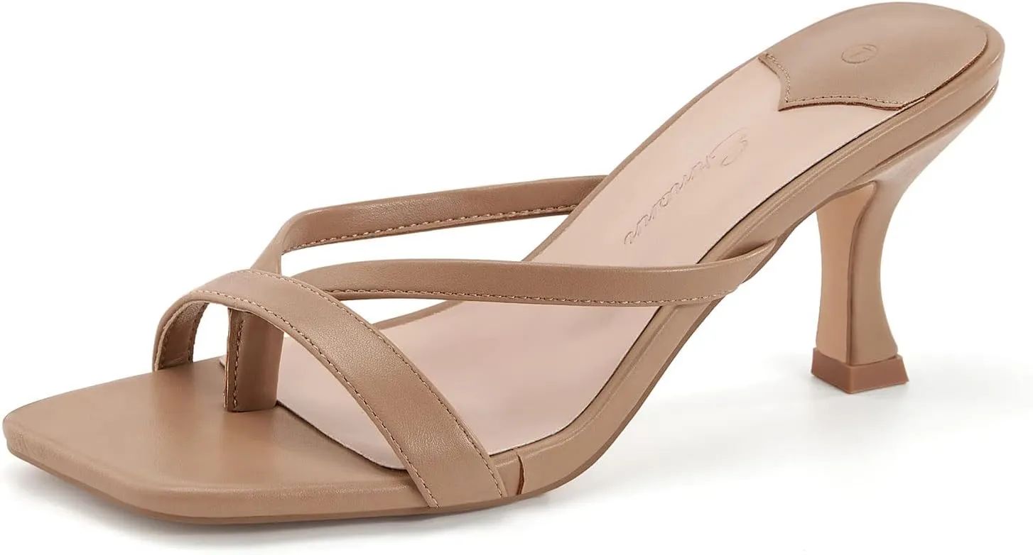 Ermonn Womens Square Open Toe Heels Sandals Slides Thong Stiletto Backless Slip on Slippers Shoes