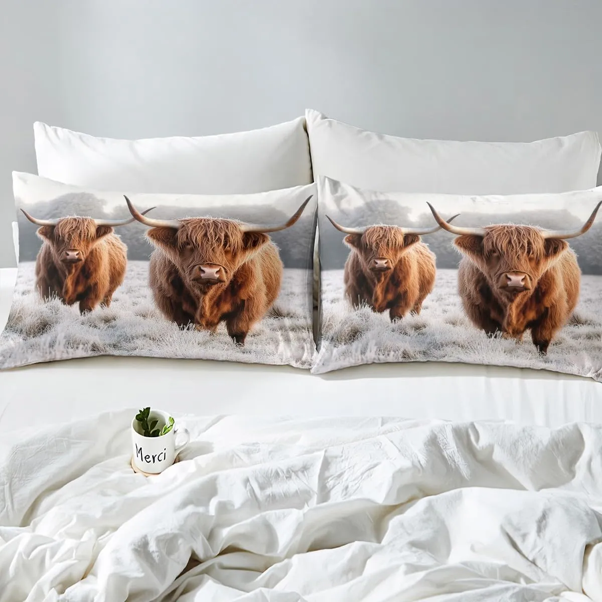 Erosebridal Highland Cow Bed Sheets Queen, Funny Brown Cow Cattle Sheet Set, Farmhouse Animal Top Sheet, Winter Theme Snow Lightweight Flat Sheet for Kids Boys Girls Teens Adult