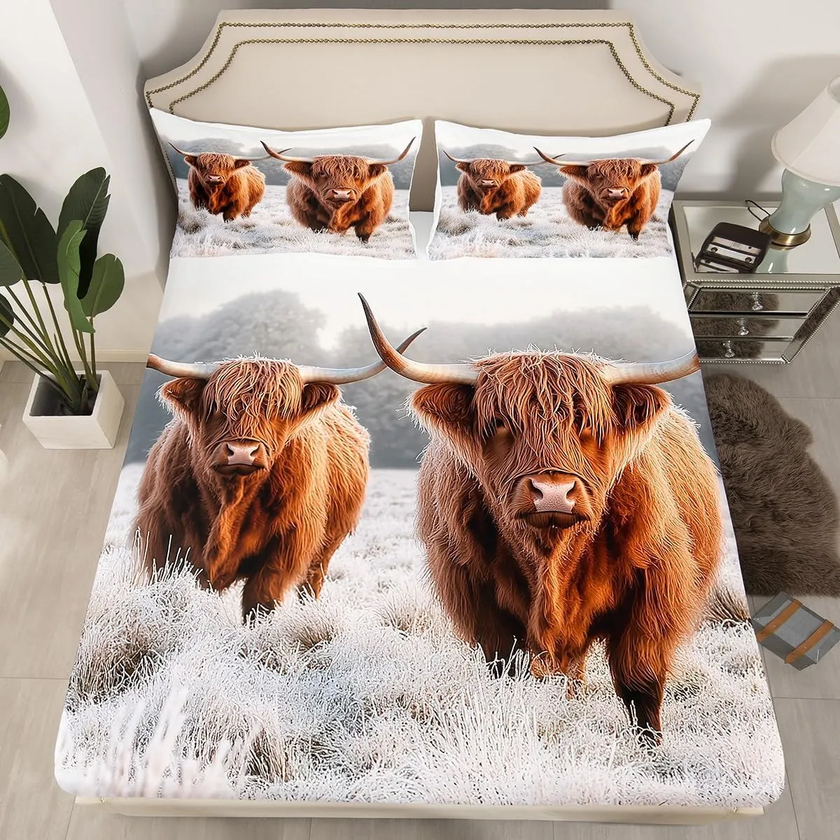 Erosebridal Highland Cow Bed Sheets Queen, Funny Brown Cow Cattle Sheet Set, Farmhouse Animal Top Sheet, Winter Theme Snow Lightweight Flat Sheet for Kids Boys Girls Teens Adult