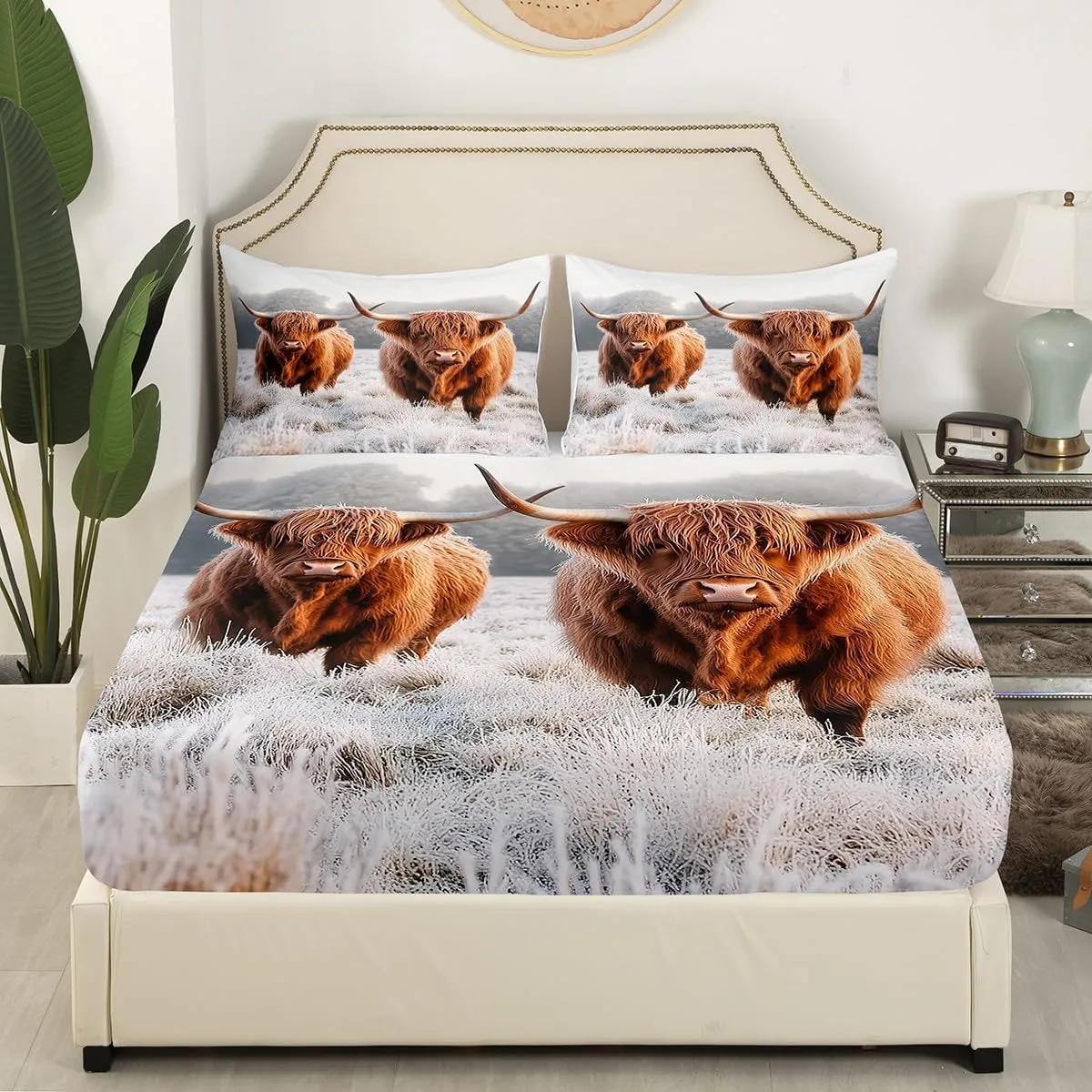 Erosebridal Highland Cow Bed Sheets Queen, Funny Brown Cow Cattle Sheet Set, Farmhouse Animal Top Sheet, Winter Theme Snow Lightweight Flat Sheet for Kids Boys Girls Teens Adult
