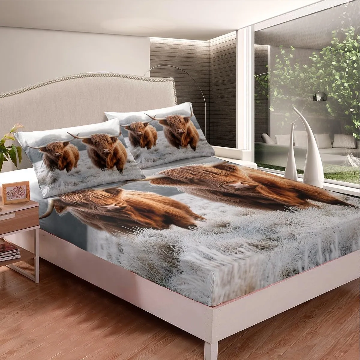 Erosebridal Highland Cow Bed Sheets Queen, Funny Brown Cow Cattle Sheet Set, Farmhouse Animal Top Sheet, Winter Theme Snow Lightweight Flat Sheet for Kids Boys Girls Teens Adult