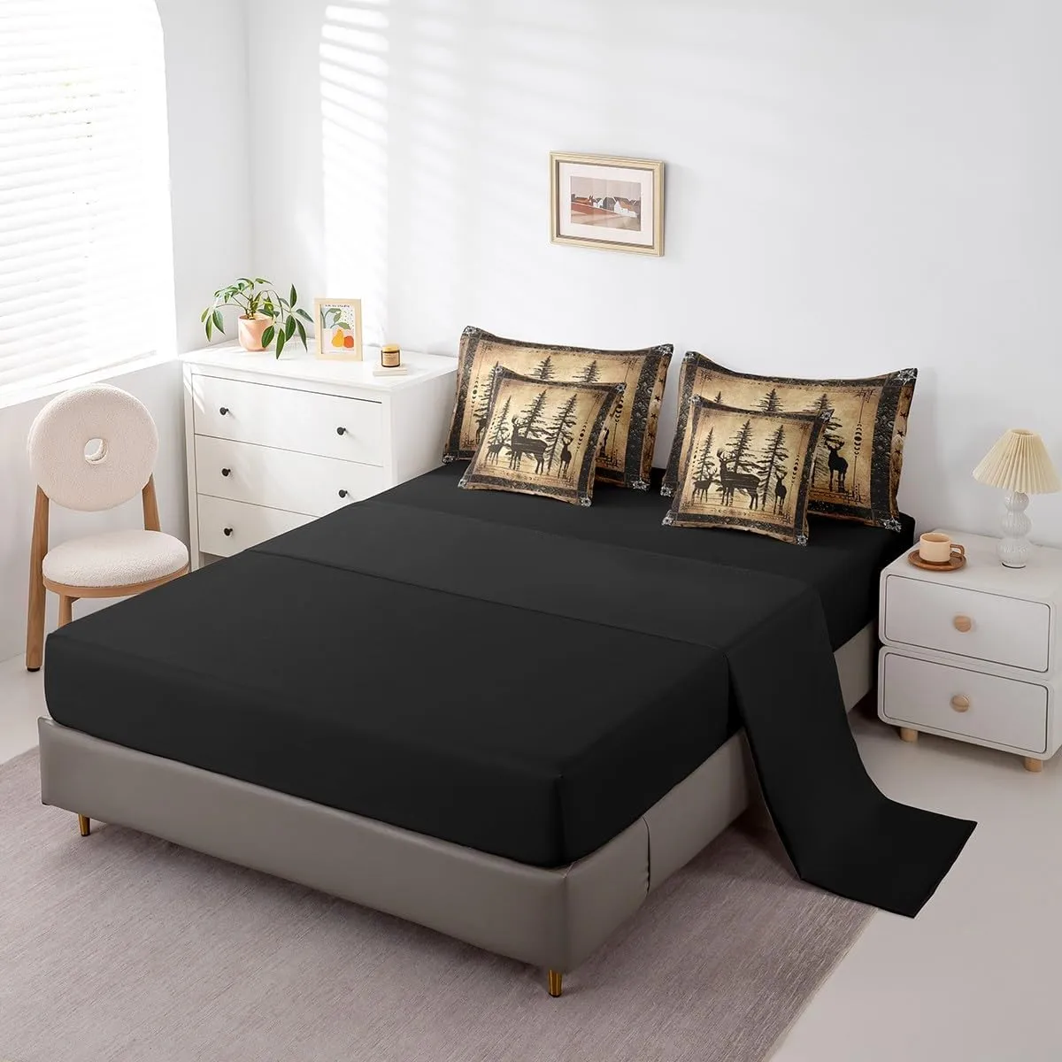 Erosebridal Rustic Deer Comforter Set 7 Piece Farmhouse Cabin Bed in A Bag Queen Western Woodland Wildlife Bedding Comforter Sets for Kids Boys Adults Men Black Retro Country Animal Bed Set