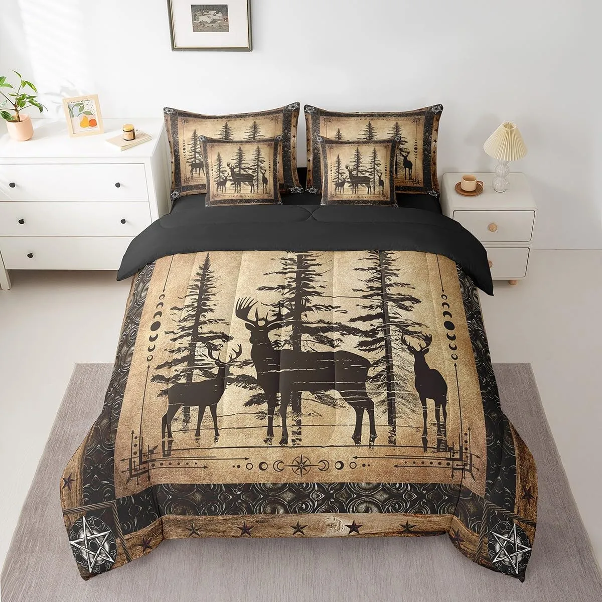 Erosebridal Rustic Deer Comforter Set 7 Piece Farmhouse Cabin Bed in A Bag Queen Western Woodland Wildlife Bedding Comforter Sets for Kids Boys Adults Men Black Retro Country Animal Bed Set