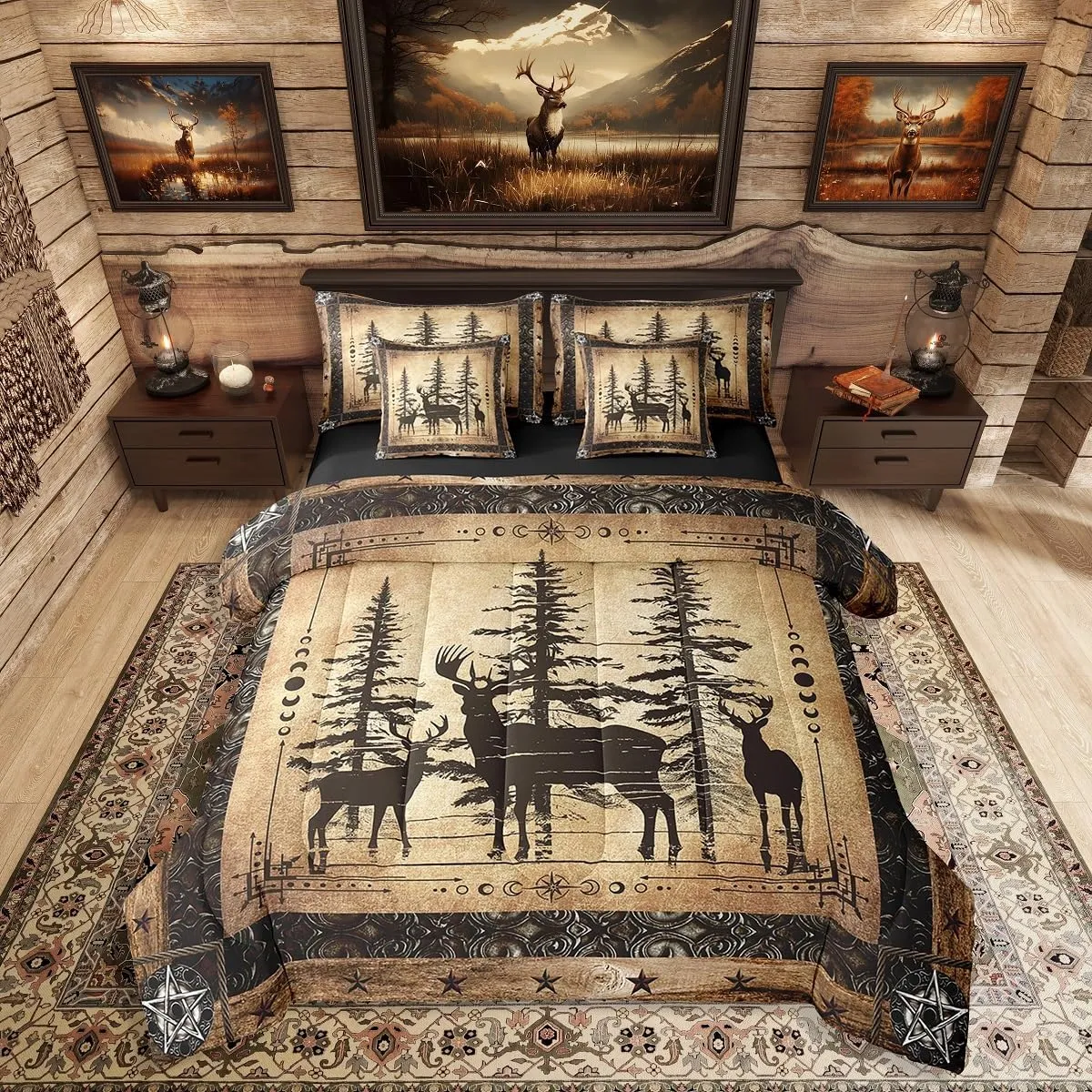 Erosebridal Rustic Deer Comforter Set 7 Piece Farmhouse Cabin Bed in A Bag Queen Western Woodland Wildlife Bedding Comforter Sets for Kids Boys Adults Men Black Retro Country Animal Bed Set