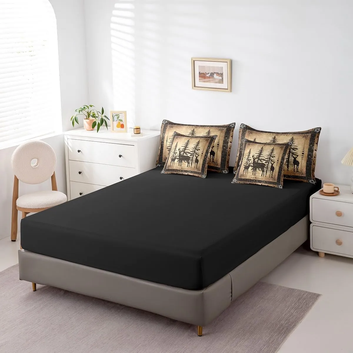 Erosebridal Rustic Deer Comforter Set 7 Piece Farmhouse Cabin Bed in A Bag Queen Western Woodland Wildlife Bedding Comforter Sets for Kids Boys Adults Men Black Retro Country Animal Bed Set