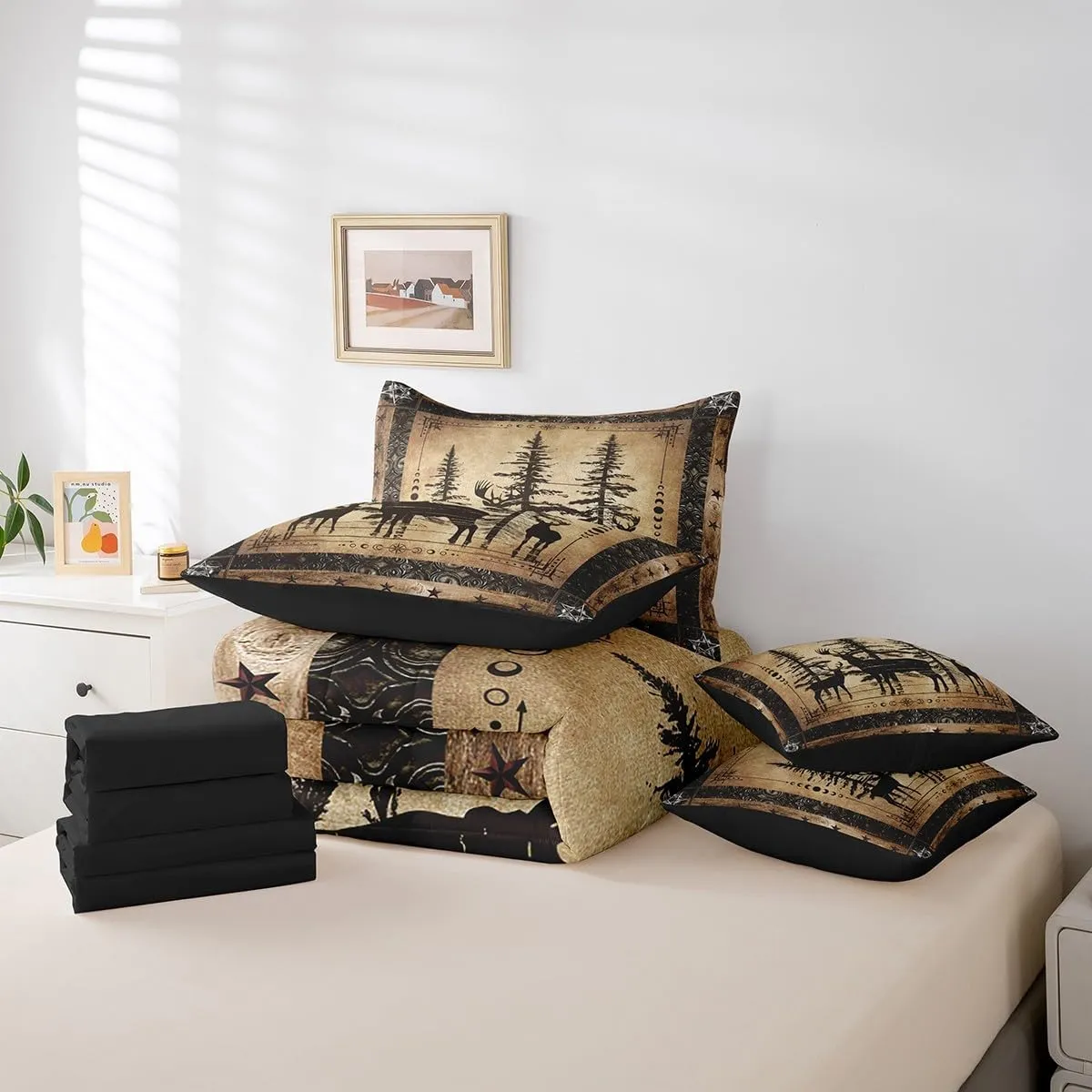 Erosebridal Rustic Deer Comforter Set 7 Piece Farmhouse Cabin Bed in A Bag Queen Western Woodland Wildlife Bedding Comforter Sets for Kids Boys Adults Men Black Retro Country Animal Bed Set