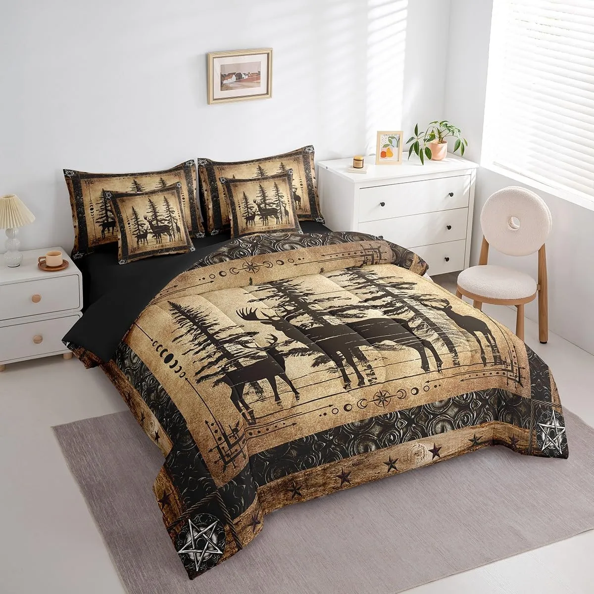 Erosebridal Rustic Deer Comforter Set 7 Piece Farmhouse Cabin Bed in A Bag Queen Western Woodland Wildlife Bedding Comforter Sets for Kids Boys Adults Men Black Retro Country Animal Bed Set