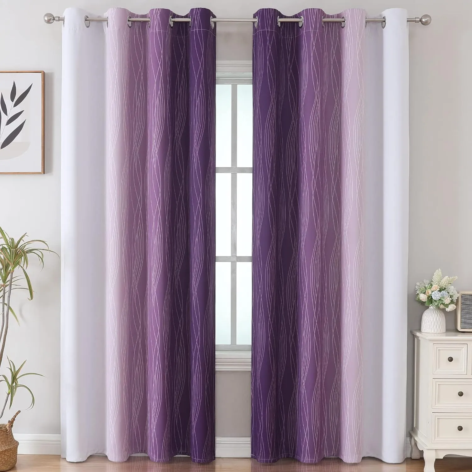Estelar Textiler Purple and Greyish White Ombre Blackout Curtains 84 Inches Long, Full Room Darkening Grommet Curtains for Bedroom, Thermal Insulated Blackout Drapes for Living Room, 52Wx84L, 2 Panels