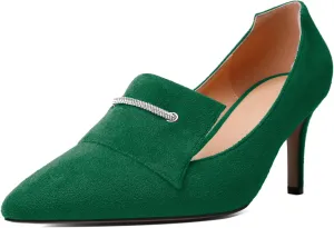Esvowido Loafers for Women Closed Toe Kitten Heels Slip on Pumps Chain Trims with Rhinestone Comfortable Loafer Shoes 2.5 Inch