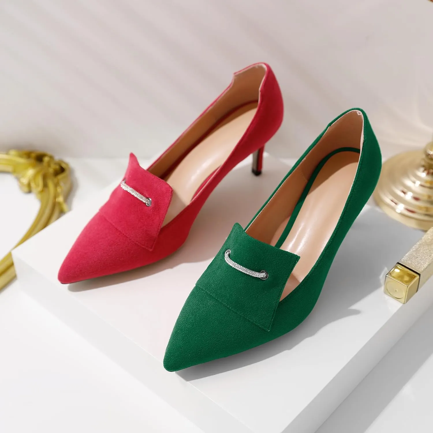Esvowido Loafers for Women Closed Toe Kitten Heels Slip on Pumps Chain Trims with Rhinestone Comfortable Loafer Shoes 2.5 Inch