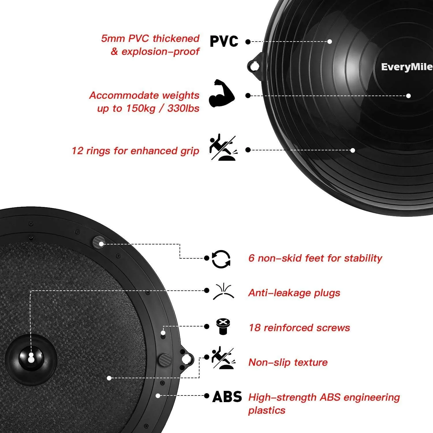 EVERYMILE Balance Ball Trainer with Resistance Bands & Pump Stability, 23.6 inch Yoga Exercise Ball for Home Gym Core Training Anti-Skid Surface