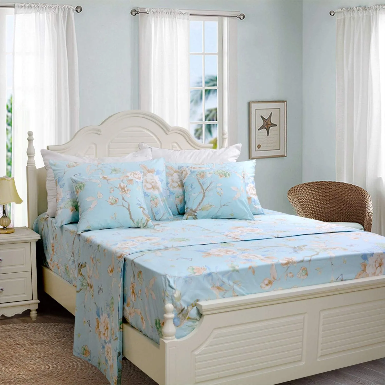 FADFAY Floral Bedding Shabby Blue Bird Print Bed Sheet Set Luxury Bedding Collections 800 Thread Count 100% Egyptian Cotton Deep Pocket, 4 Piece-Twin Size