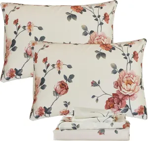 FADFAY Sheets Set King Shabby Beige Floral Bedding Elegant Peony Sheets Set Vintage Flower Bedding Collections Soft 100% Egyptian Cotton 800 Thread Count Deep Pocket Fitted Sheet, 4Pcs-King Size