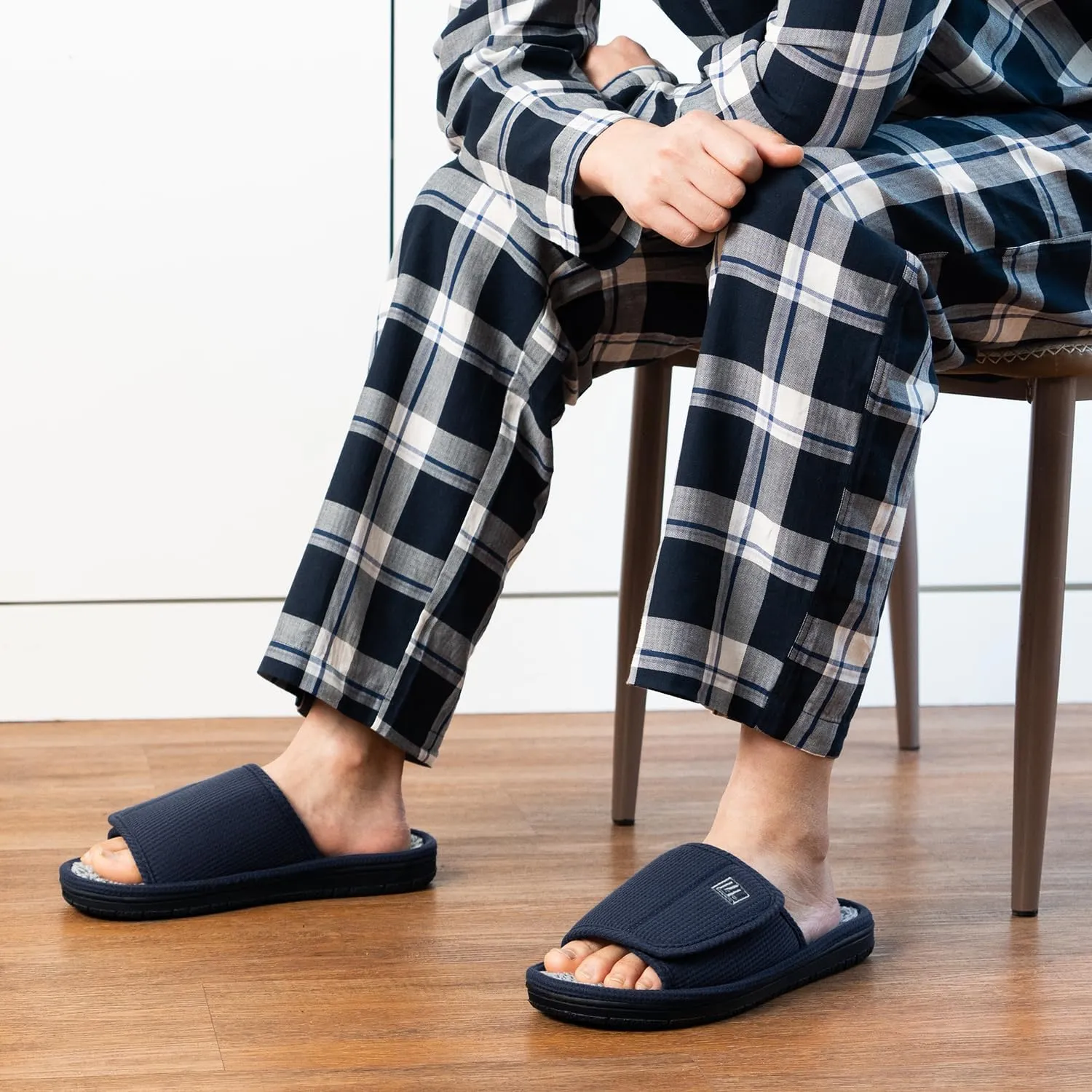 FamilyFairy Men's Adjustable Open Toe Slippers Waffle Comfy Slide Memory Foam House Shoes Indoor Outdoor
