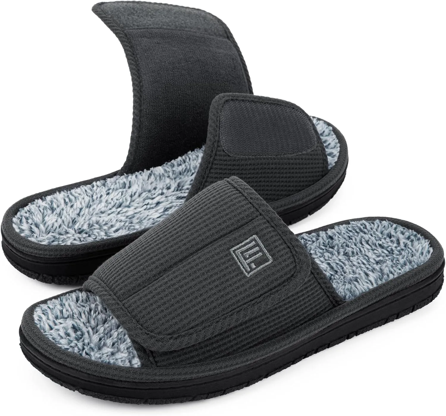 FamilyFairy Men's Adjustable Open Toe Slippers Waffle Comfy Slide Memory Foam House Shoes Indoor Outdoor