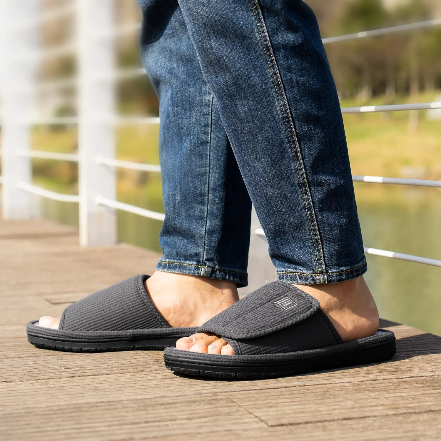 FamilyFairy Men's Adjustable Open Toe Slippers Waffle Comfy Slide Memory Foam House Shoes Indoor Outdoor