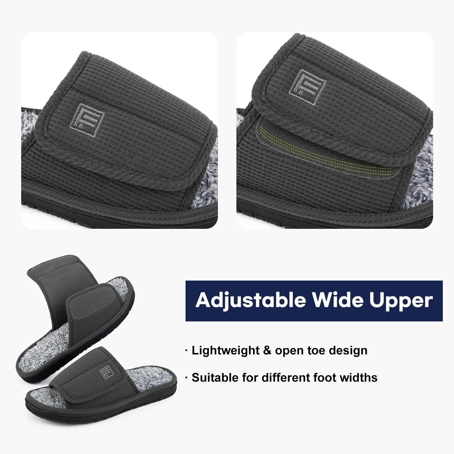 FamilyFairy Men's Adjustable Open Toe Slippers Waffle Comfy Slide Memory Foam House Shoes Indoor Outdoor