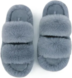 FamilyFairy Women's Fluffy Faux Fur Slippers Comfy Open Toe Two Band Slides with Fleece Lining and Rubber Sole