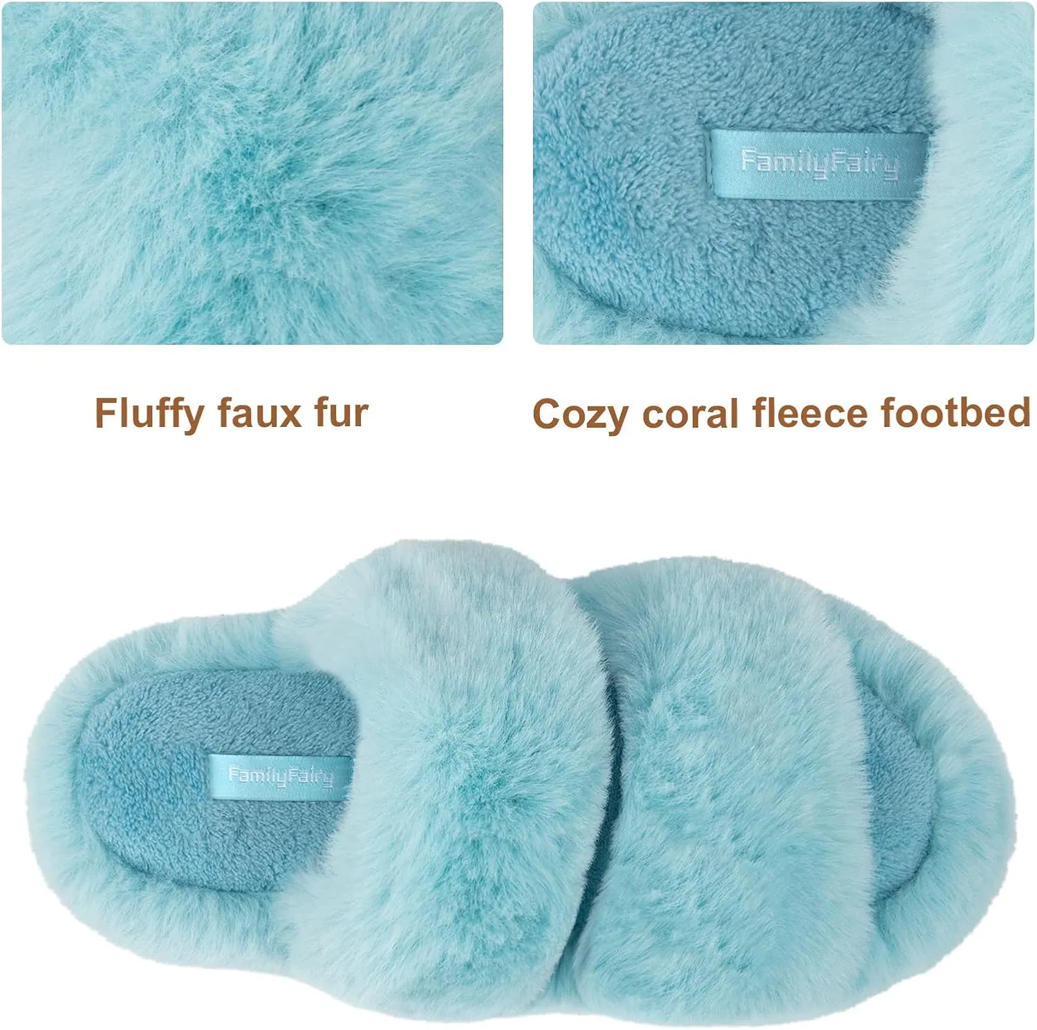 FamilyFairy Women's Fluffy Faux Fur Slippers Comfy Open Toe Two Band Slides with Fleece Lining and Rubber Sole