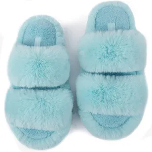FamilyFairy Women's Fluffy Faux Fur Slippers Comfy Open Toe Two Band Slides with Fleece Lining and Rubber Sole