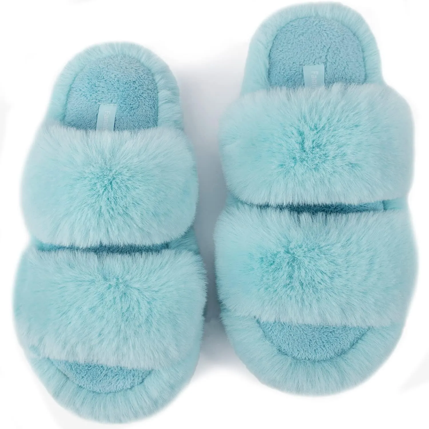 FamilyFairy Women's Fluffy Faux Fur Slippers Comfy Open Toe Two Band Slides with Fleece Lining and Rubber Sole