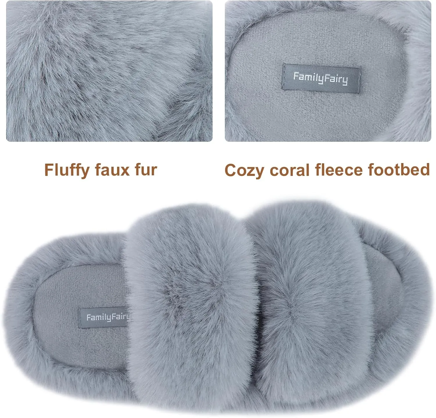 FamilyFairy Women's Fluffy Faux Fur Slippers Comfy Open Toe Two Band Slides with Fleece Lining and Rubber Sole