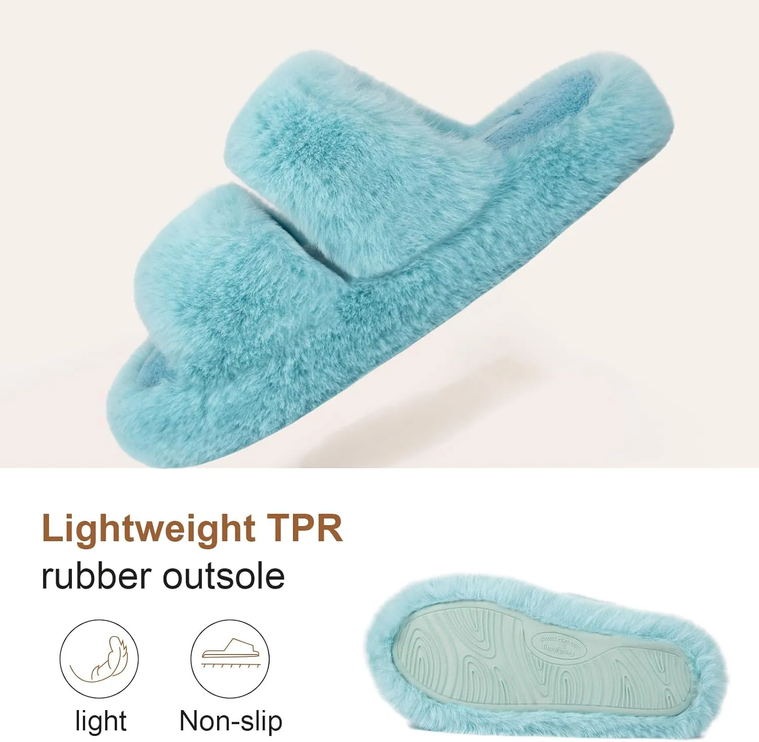 FamilyFairy Women's Fluffy Faux Fur Slippers Comfy Open Toe Two Band Slides with Fleece Lining and Rubber Sole