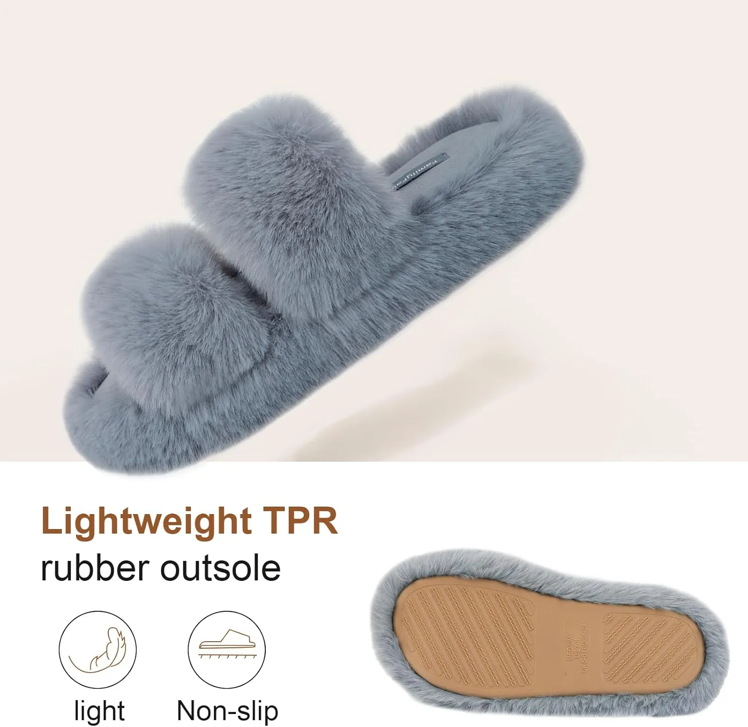 FamilyFairy Women's Fluffy Faux Fur Slippers Comfy Open Toe Two Band Slides with Fleece Lining and Rubber Sole
