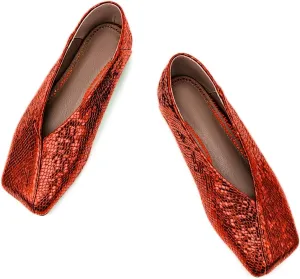 Fandimeier Women's Square Toe Ballet Flats Shoes Snakeskin Dressy Comfortable Slip-on Metallic Leather Ballerina Flats