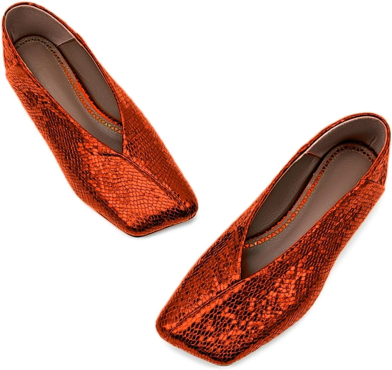 Fandimeier Women's Square Toe Ballet Flats Shoes Snakeskin Dressy Comfortable Slip-on Metallic Leather Ballerina Flats