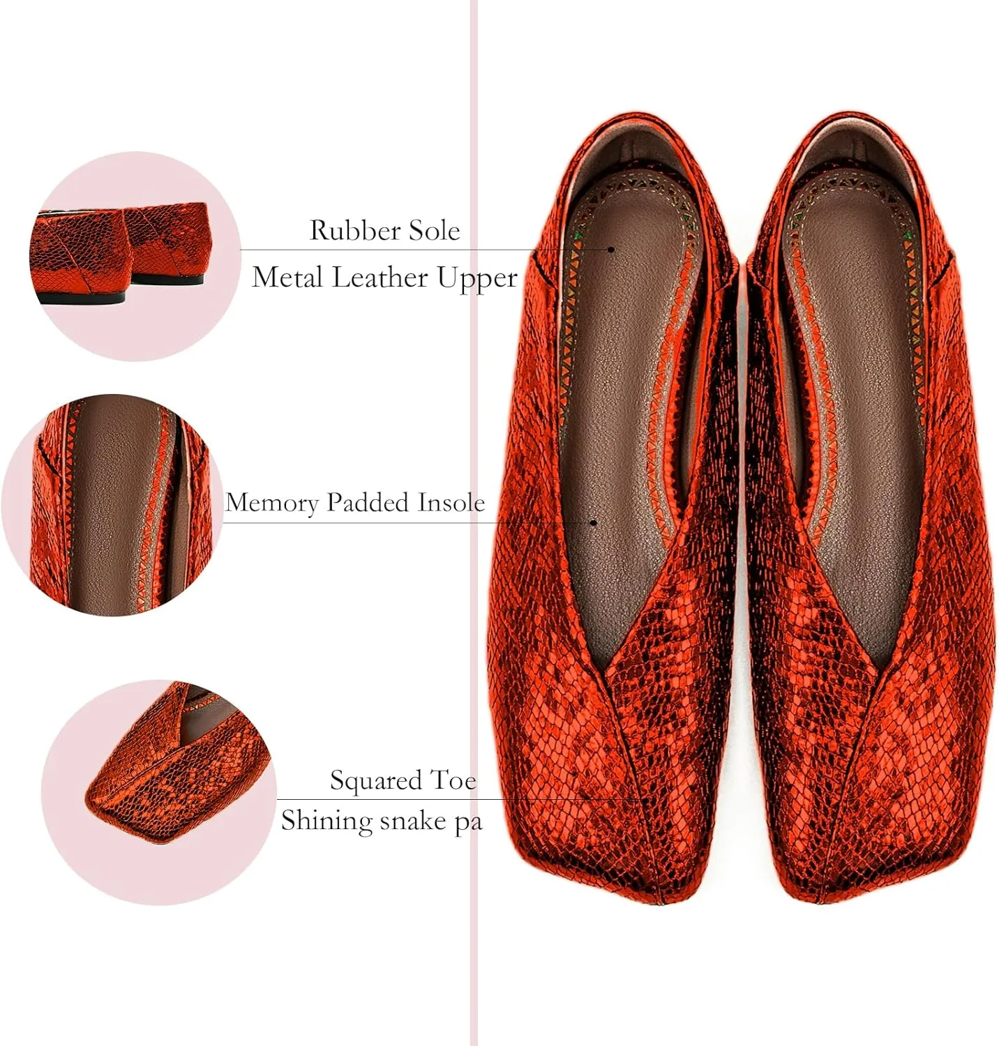 Fandimeier Women's Square Toe Ballet Flats Shoes Snakeskin Dressy Comfortable Slip-on Metallic Leather Ballerina Flats