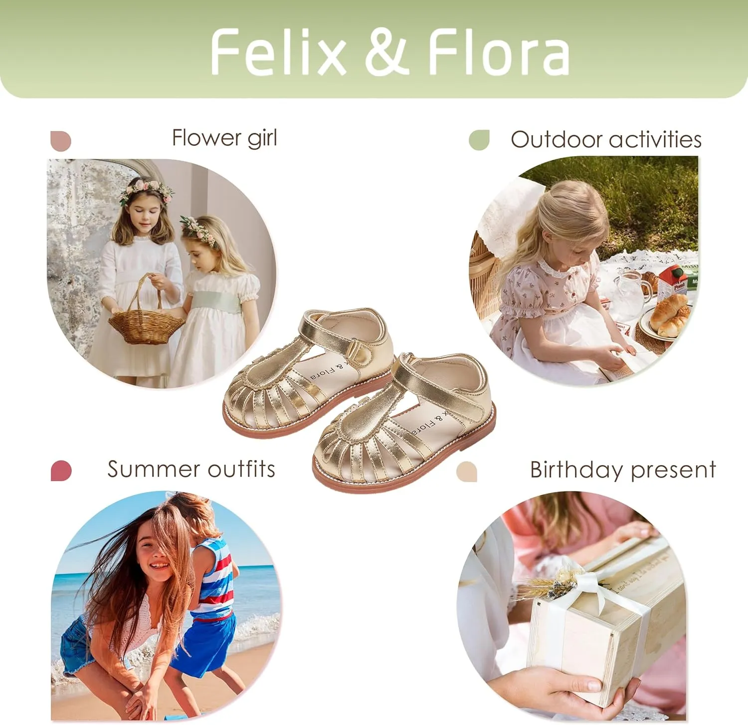 Felix & Flora Toddler Girls Sandals Flower Girl Shoes Soft Rubber Princess Summer Flat Shoes