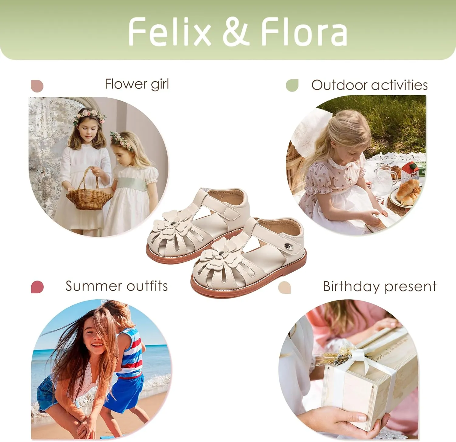 Felix & Flora Toddler Girls Sandals Flower Girl Shoes Soft Rubber Princess Summer Flat Shoes