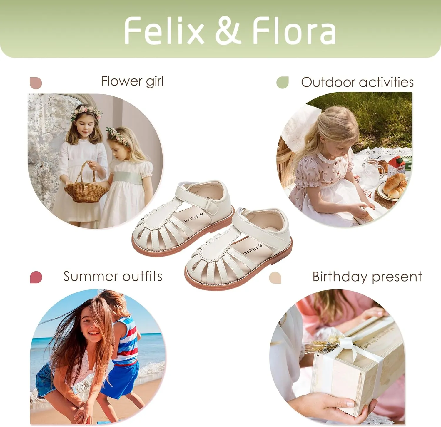 Felix & Flora Toddler Girls Sandals Flower Girl Shoes Soft Rubber Princess Summer Flat Shoes