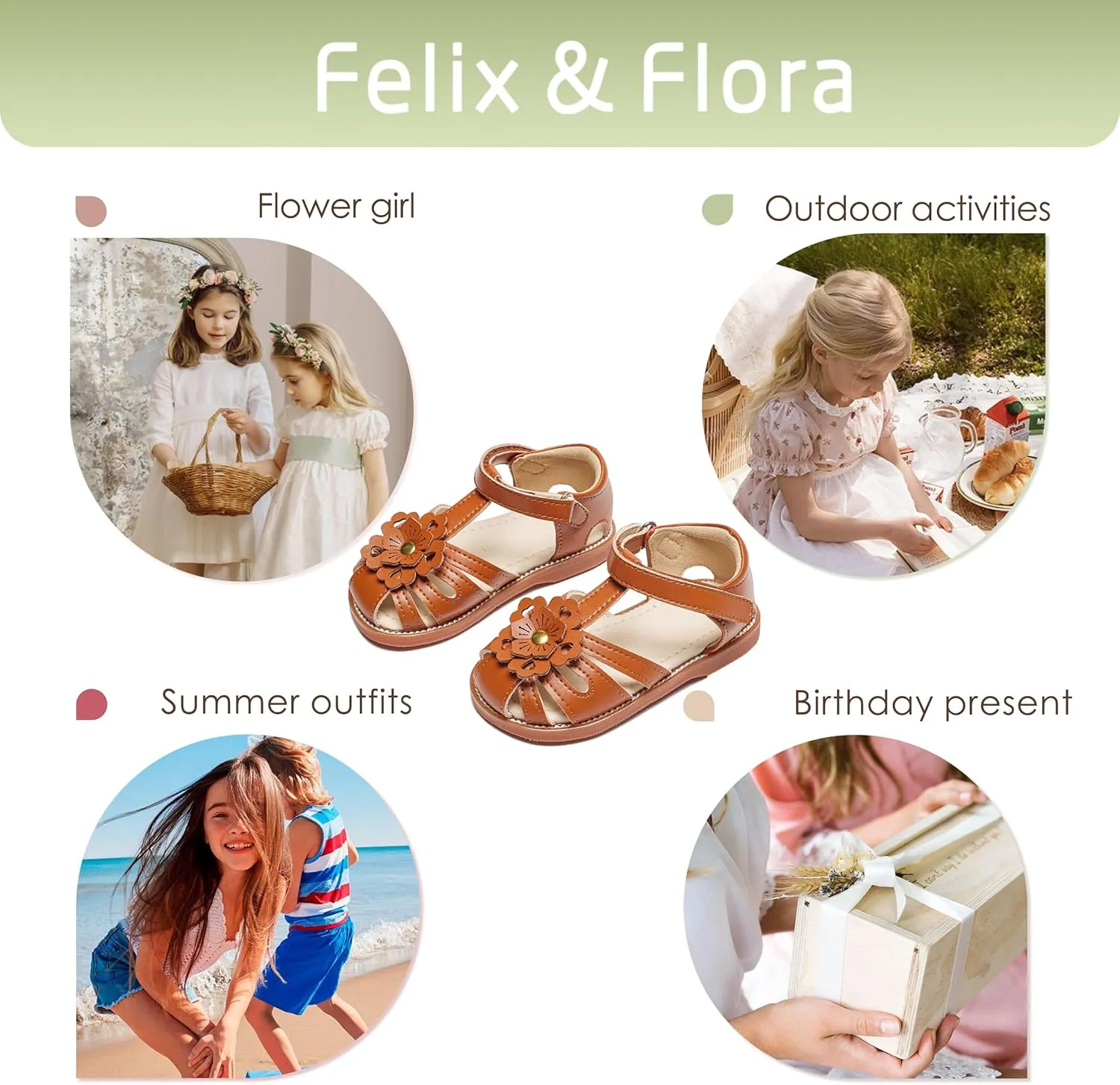 Felix & Flora Toddler Girls Sandals Soft Rubber Princess Flat Shoes Summer Flower Girl Shoes