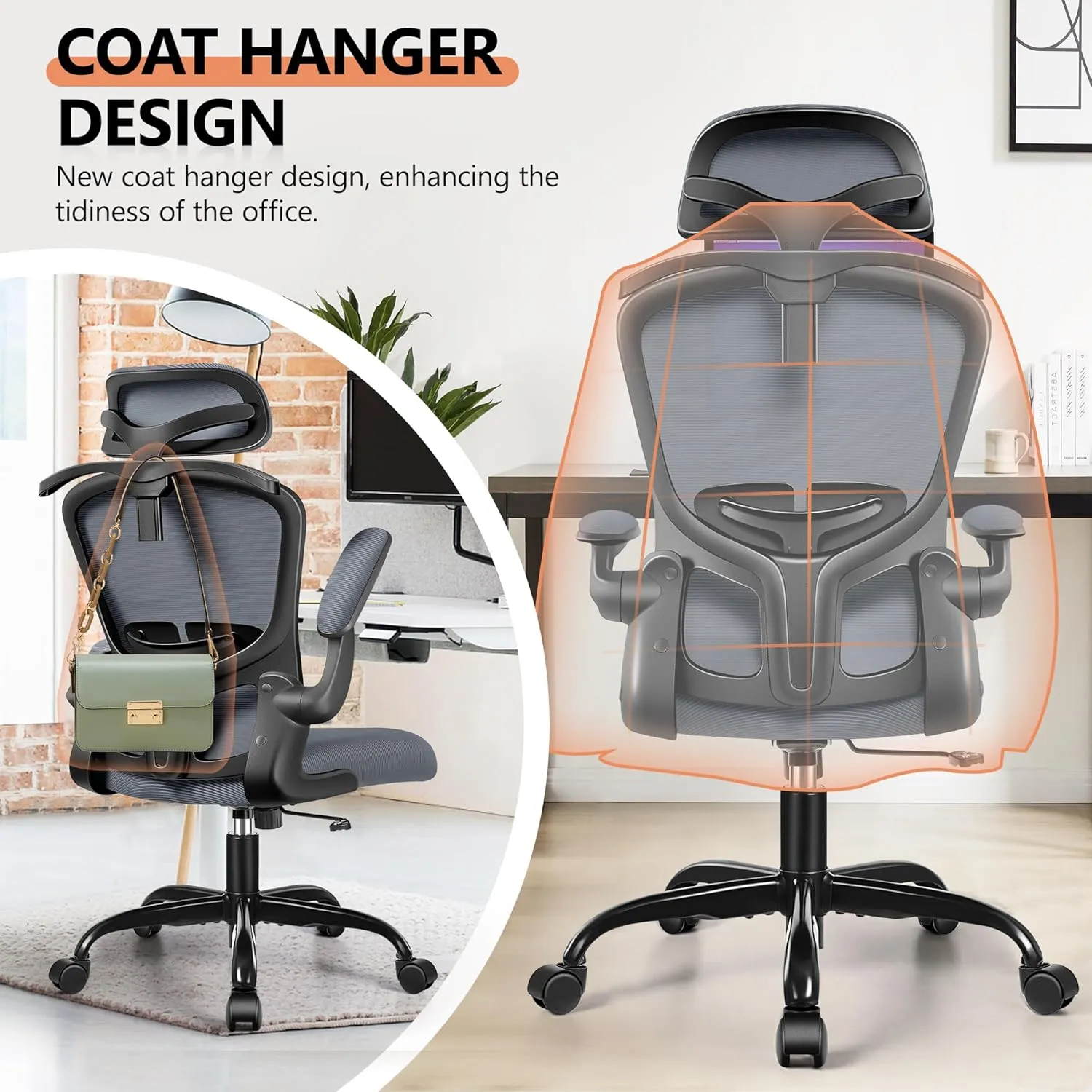 FelixKing Ergonomic Office Desk Chair with Headrest, Adjustable Lumbar Support, Height and Swivel, Comfy Task Chair with Flip-up Armrests, Ergo Mesh Backrest for Working Dark Gray