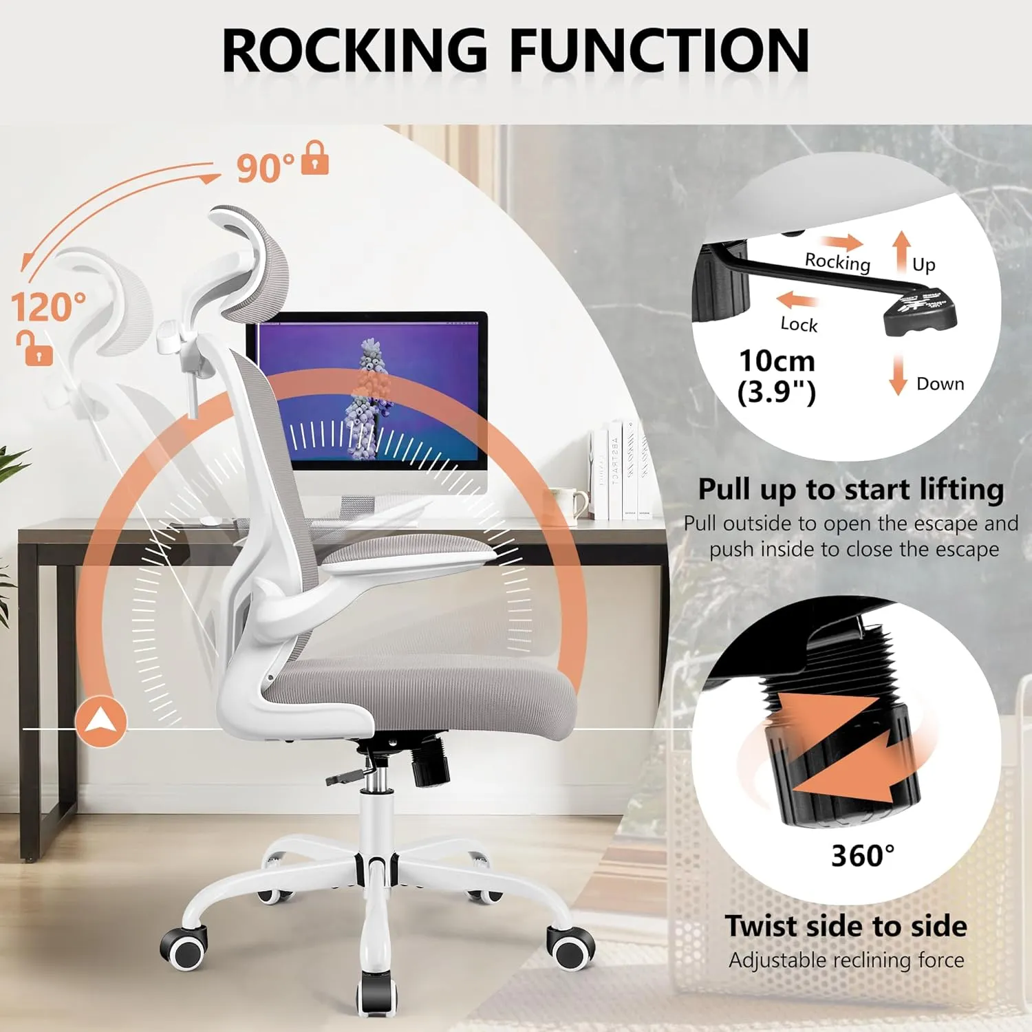 FelixKing Office Chair with Headrest, Ergonomic Desk Chair with Wheels, Task Swivel Comfy Chair with Adjustable Lumbar Support, Breathable Mesh Computer Chair with flip-up Armrests for Home (Gray)