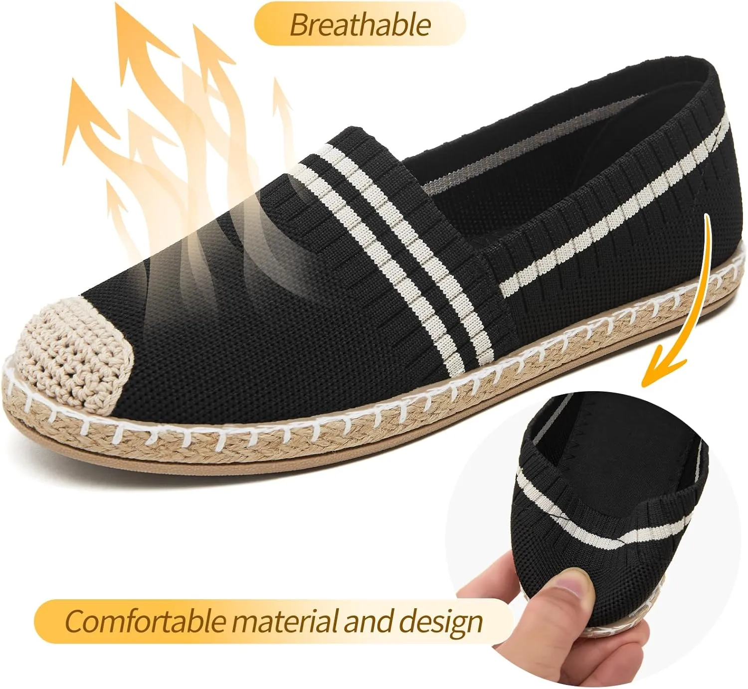 FINIWOR Espadrilles for Women Black Flat Shoes Women White Ballet Loafers Breathable Soft Casual Walking Slip On Shoes Women