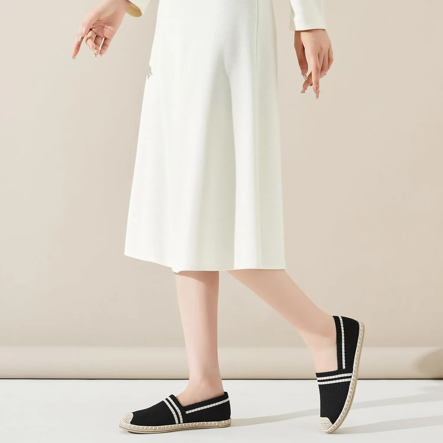 FINIWOR Espadrilles for Women Black Flat Shoes Women White Ballet Loafers Breathable Soft Casual Walking Slip On Shoes Women